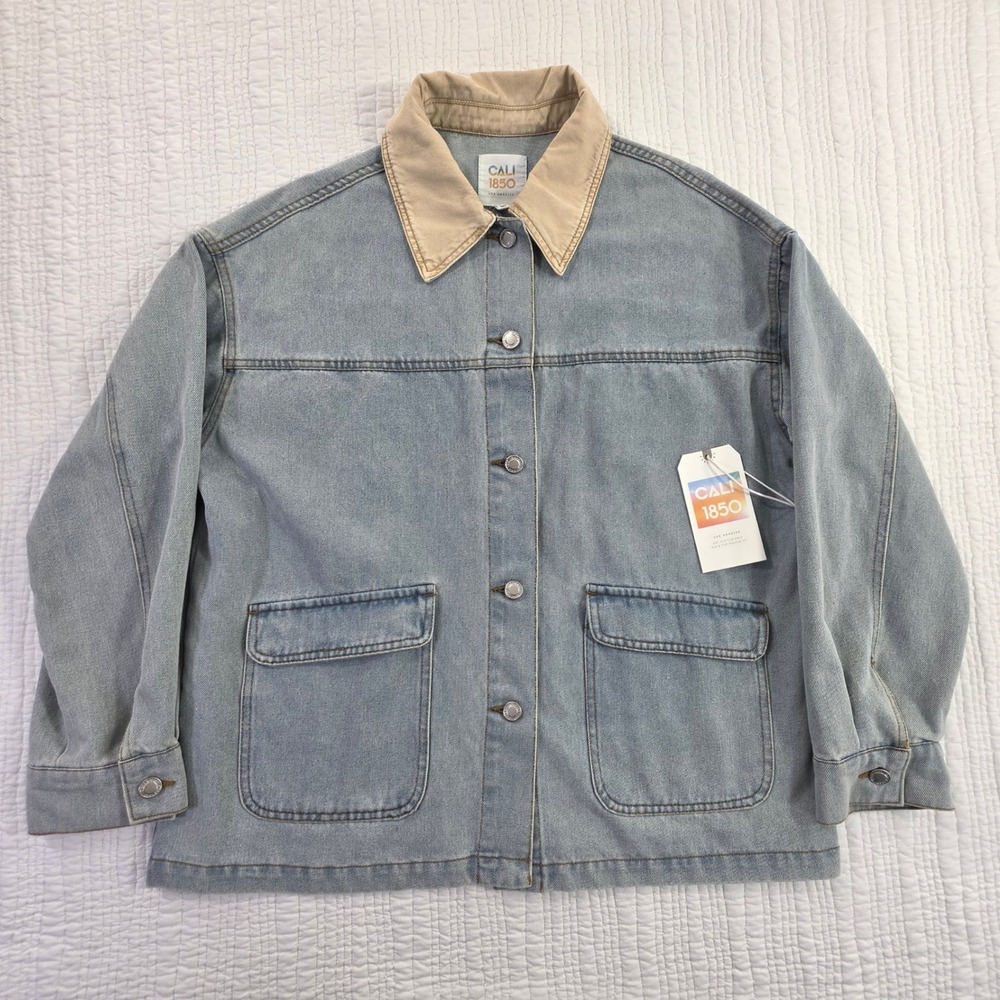 Cali 1850 M Light Wash Denim Chore Coat Corduroy Contrast Workwear Utility Y2K